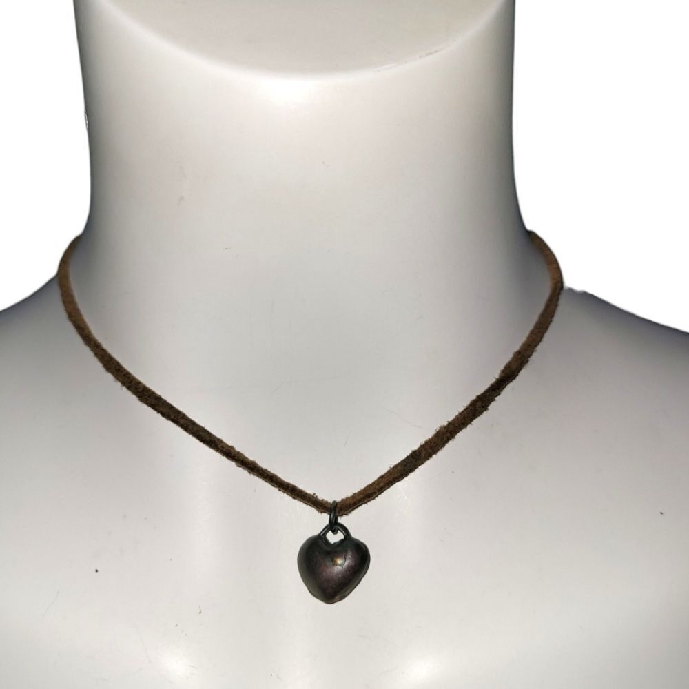 Silver Metallic Heart with Brown Leather and chain adjustable Necklace
